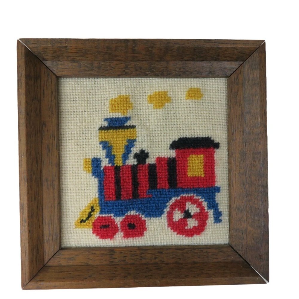 Train Engine Needlepoint Finished Framed Embroidery Triptych Effect Vintage - Picture 7 of 9